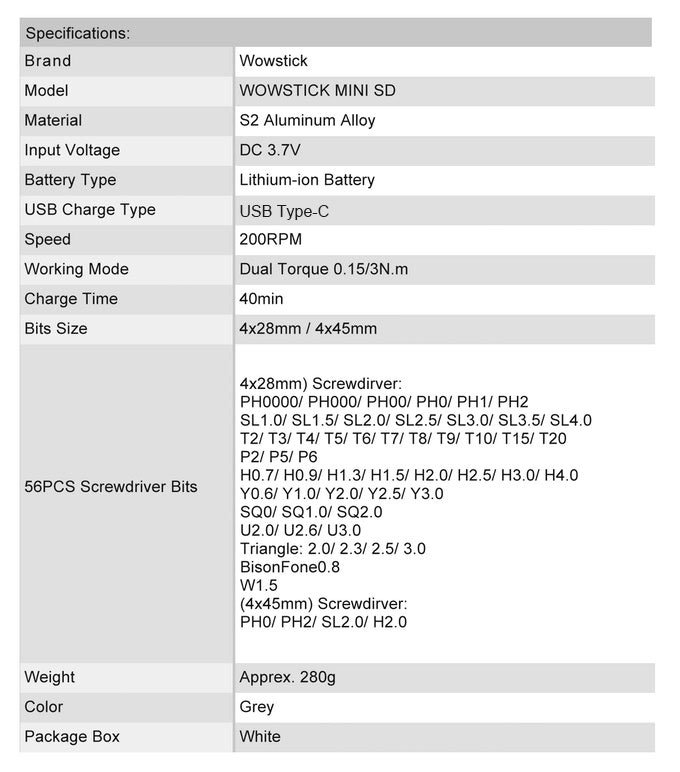 WOWSTICK Specifications