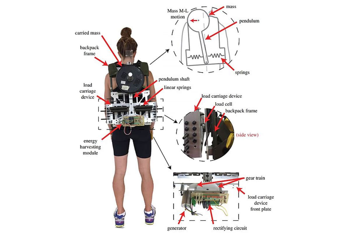 A posterior view of the energy harvesting backpack worn by a subject.