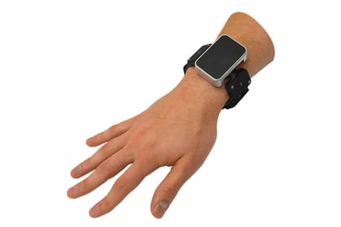 Aprototype wrist-worn haptic VR/AR device called Tasbi