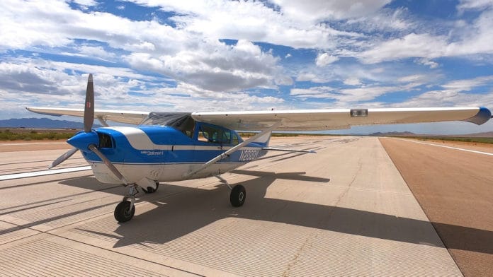 A 1968 Cessna 206 with ROBOpilot installed preparing for engine start on the runway at Dugway Proving Ground, Utah. Image Credit: US Air Force.