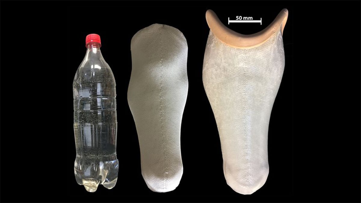 The first-of-its-kind prosthetic socket made from plastic water bottle. Image Credit: De Montfort University Leicester