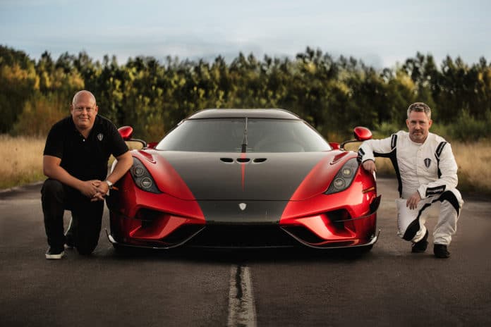 Christian Koenigsegg, left, with the Regera, center, and driver Sony Persson, right