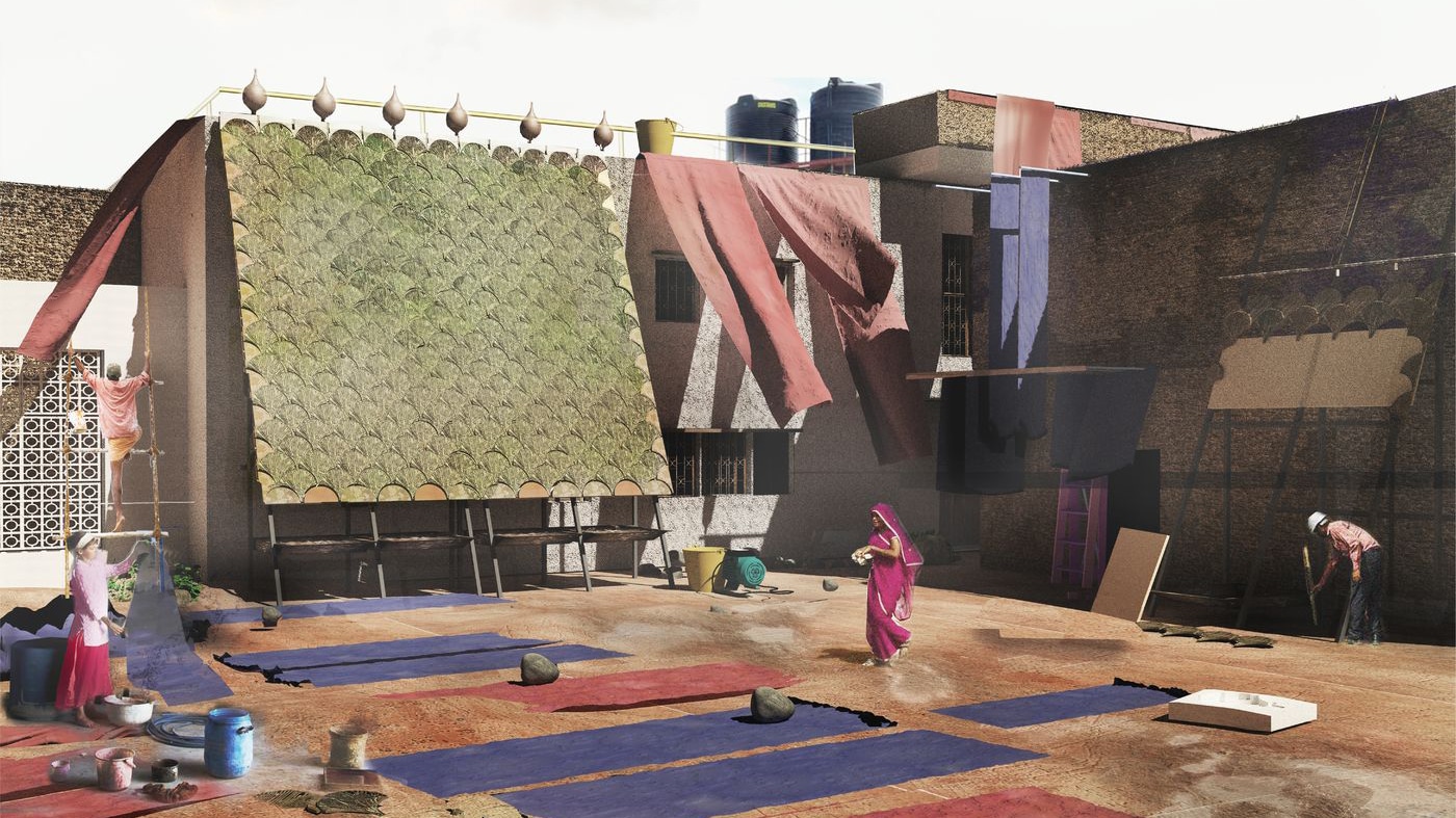A render showing Indus installed in the courtyard of a small scale textile dying industry in India.