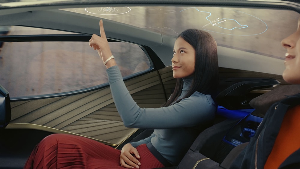 A glass roof above the rear seats features voice control and a gesture controlled “SkyGate” display window