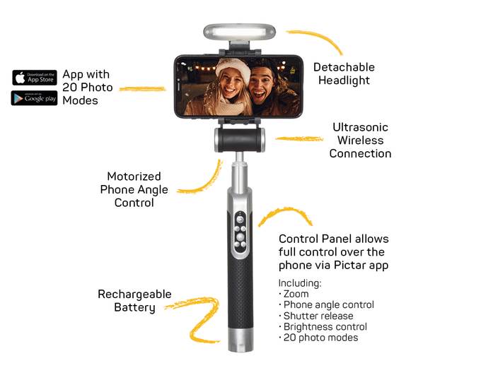 Pictar Smart-Light Selfie Stick Features.
