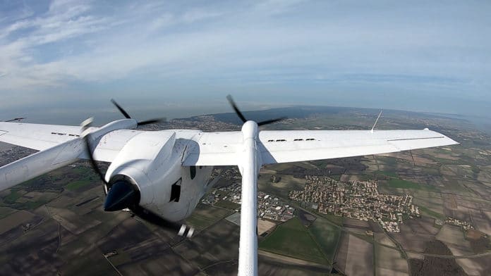 This in-flight photo shows the hybrid-electric powertrain on VoltAero’s Cassio 1 testbed aircraft.