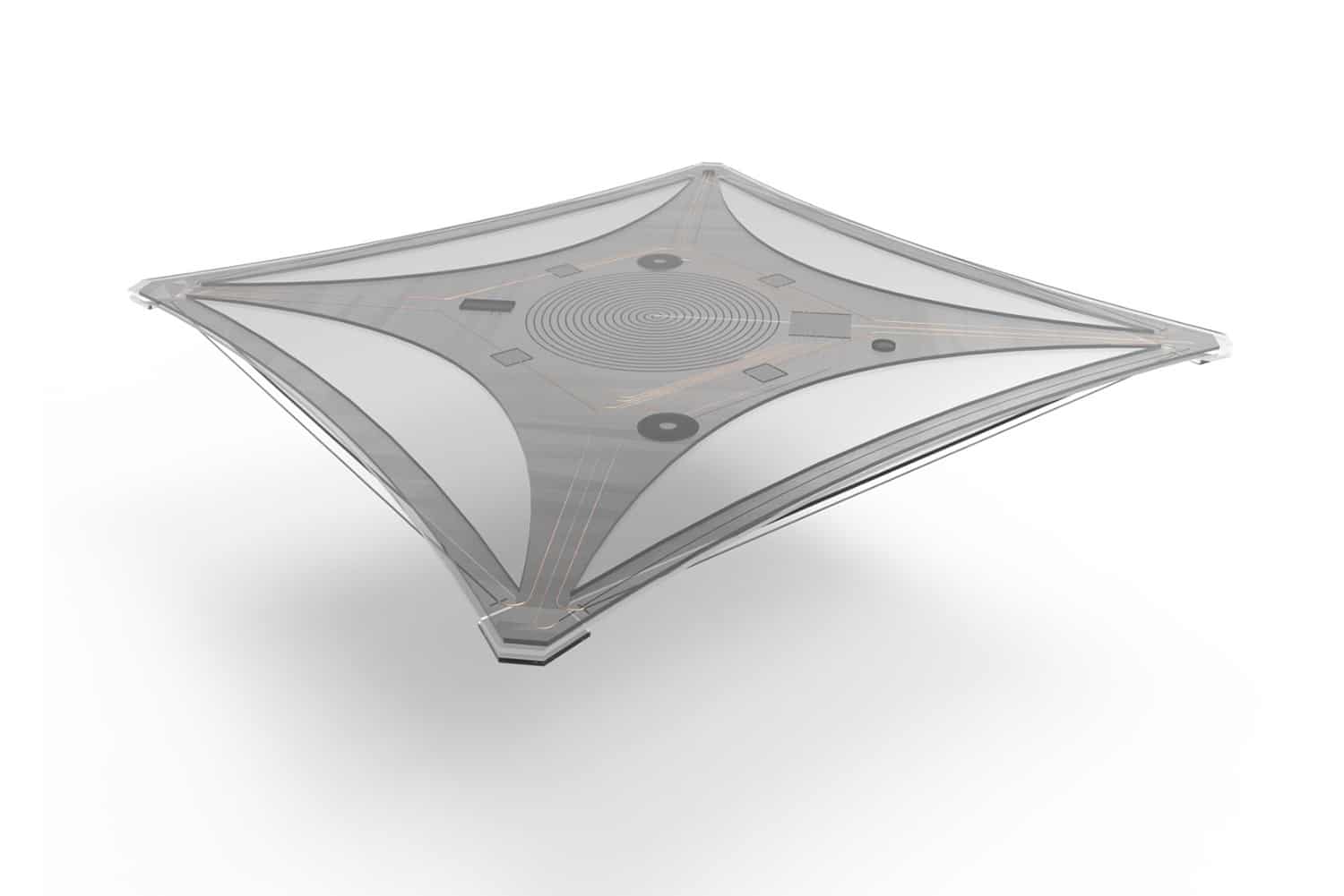 A flexible, shape-memory tray – laminated structure with integrated actuator, sensor technology and control electronics.