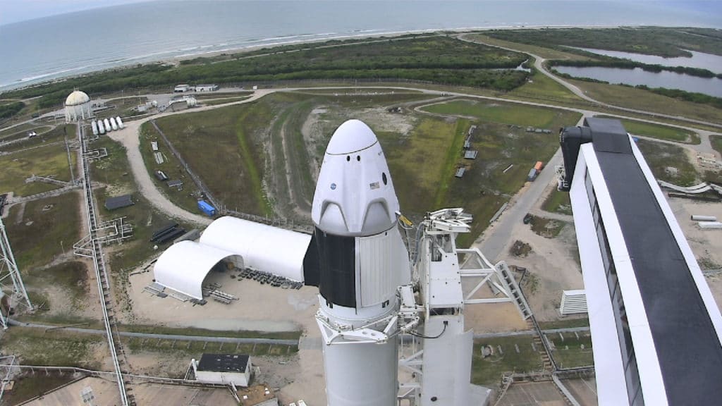 The SpaceX Falcon 9 and Crew Dragon spacecraft stand on Launch Complex 39A.