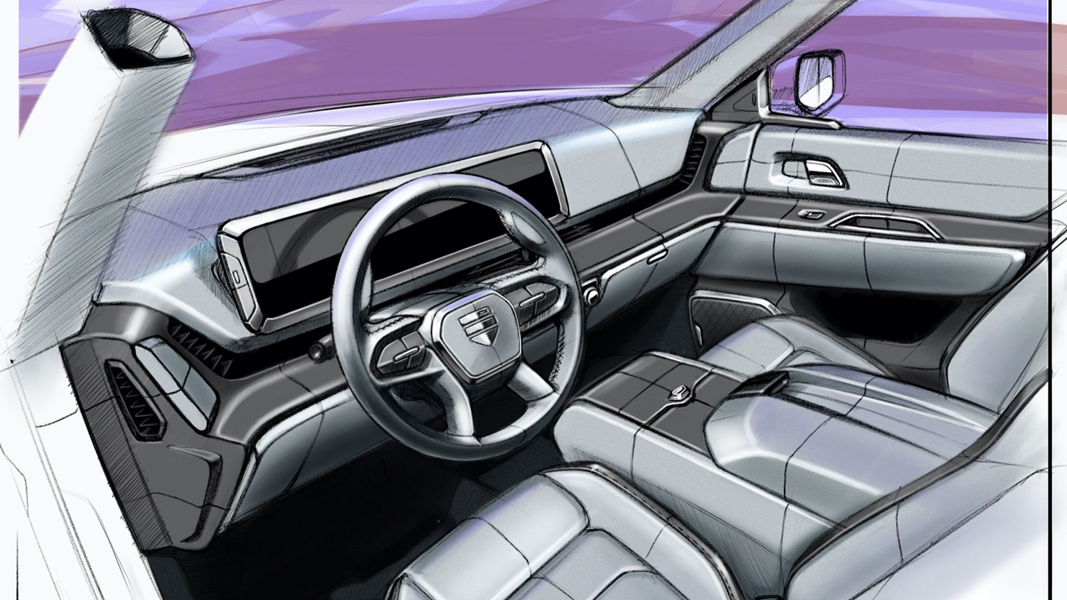 The sketches that preview the production-intent interior of Endurance all-electric pickup.