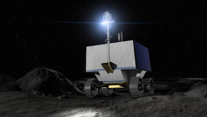 Illustration of NASA's water-seeking robotic Moon rover (VIPER) on the surface of the Moon.