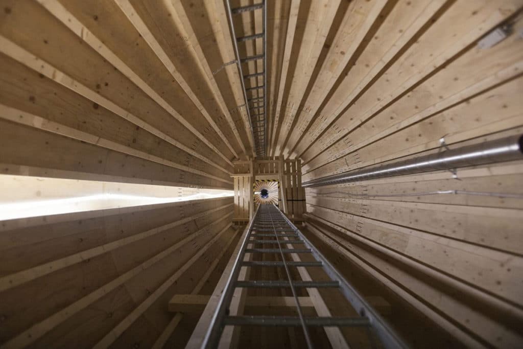 Inside the Sweden's first wooden wind tower.