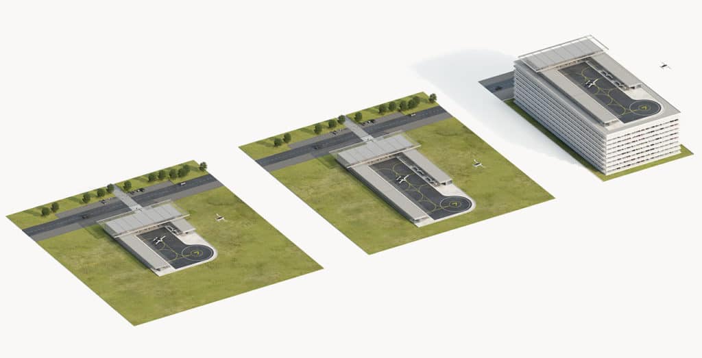 Three different vertiport designs using the same modular elements.