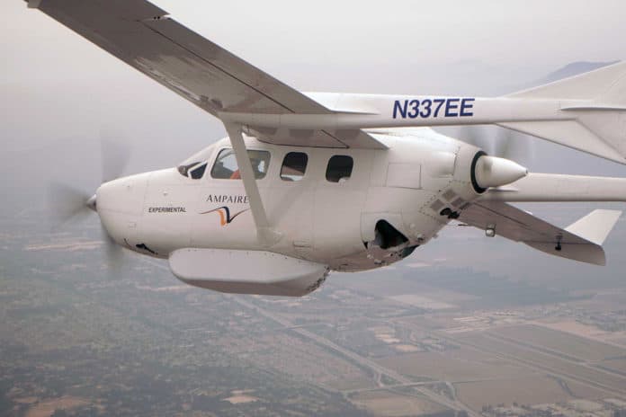 The modified Cessna 337 flies at 120 kts for 1h15 plus 30 minutes of reserve.