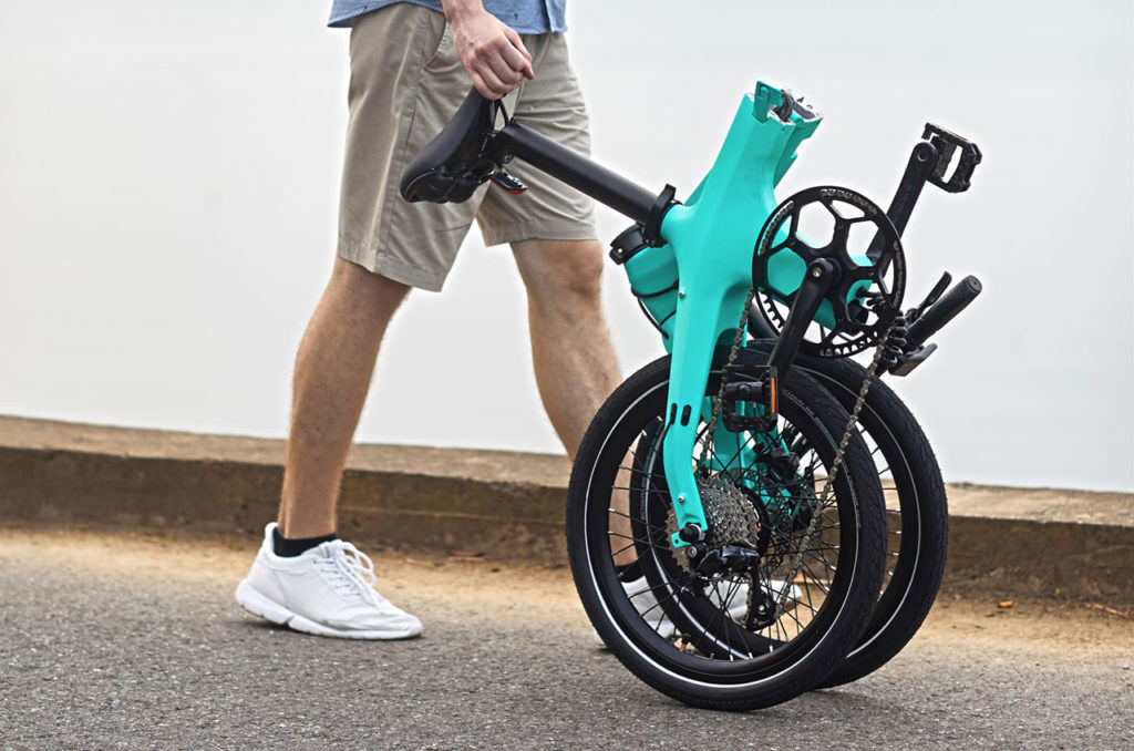 The bike features seat post battery design into folding frame.