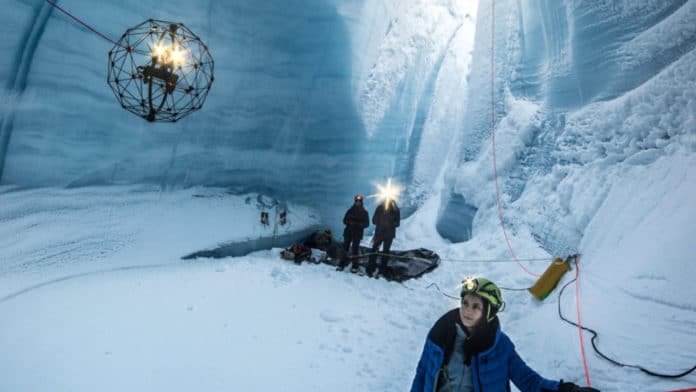 Flyability Elios drone used to explore the depths of Greenland ice caves.