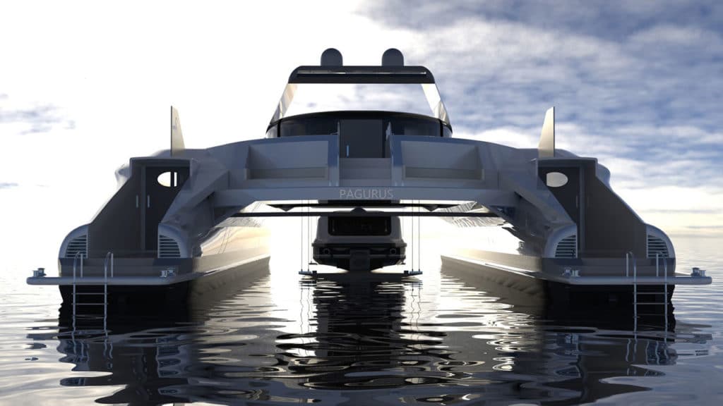 Pagurus, a solar-powered amphibious catamaran capable of moving also on land.