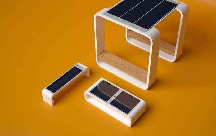 Solar-powered Smartbenche provides charging ports and WiFi hotspot.
