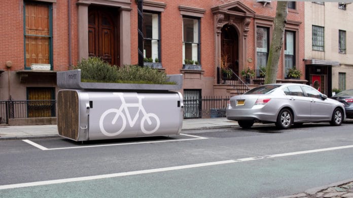 Oonee Mini pod promises 10 bike parking spaces in place of one car.