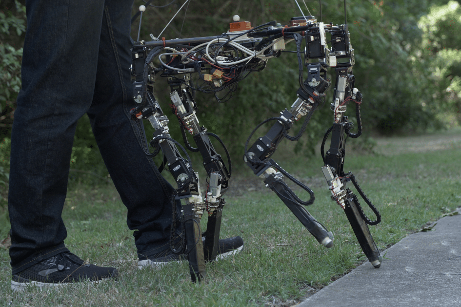 Self-learning robot changes leg length when stepping from grass to concrete