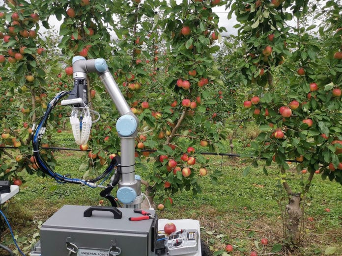 Autonomous fruit-picking robot can harvest apples at high speed.