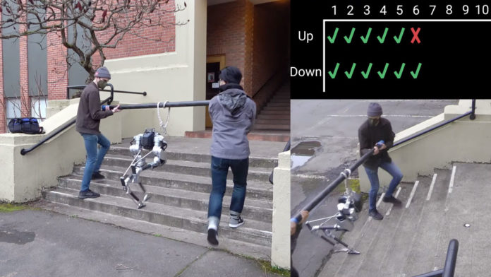Blind bipedal robot Cassie learns to navigate stairs