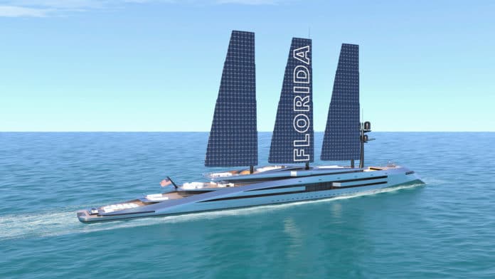 Florida sailing yacht is powered by solar sails in case of no wind.