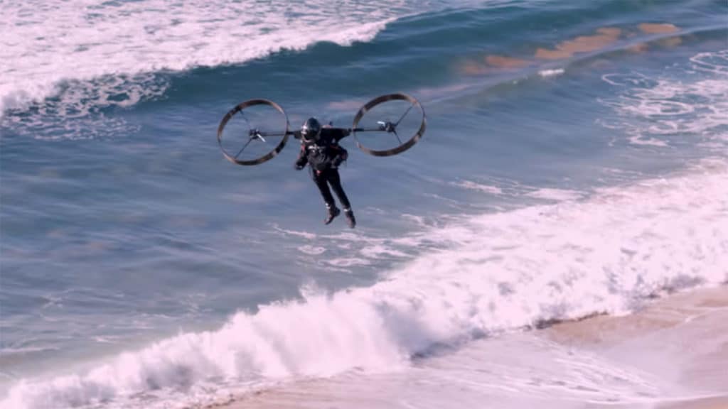 A man takes to the skies with an electric backpack helicopter.