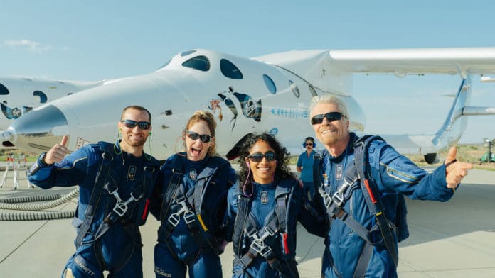 Richard Branson’s Virgin Galactic completes first fully crewed spaceflight.