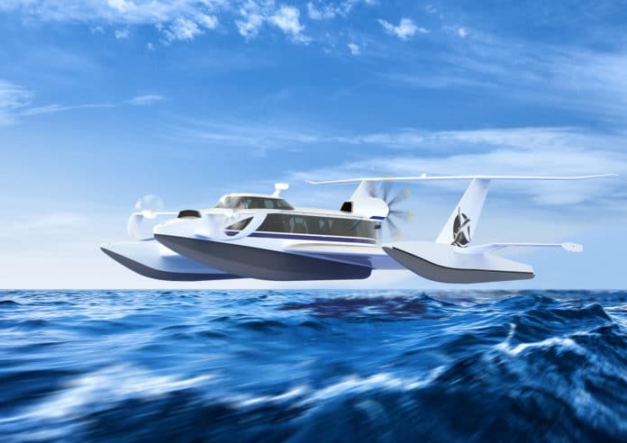 Aquas flying ship, resembling a seaplane, is literally able to float over the water’s surface.