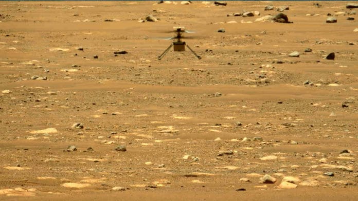 The drone Ingenuity as seen by NASA's Mars Perseverance rover.