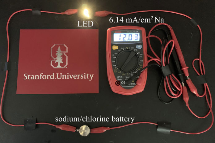 An LED light is powered by a prototype rechargeable battery using the sodium-chlorine chemistry developed recently by Stanford researchers.
