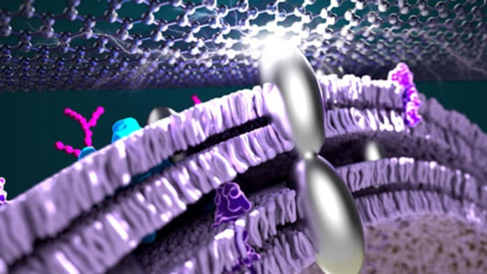 Artist’s image of a microbial fuel cell with efficiencies boosted by silver nanoparticles.