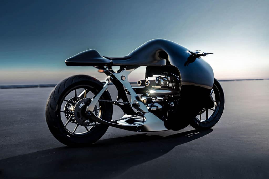 The Supermarine motorcycle is powered by a liquid-cooled, 8-valve, SOHC, 900cc Triumph Twin engine