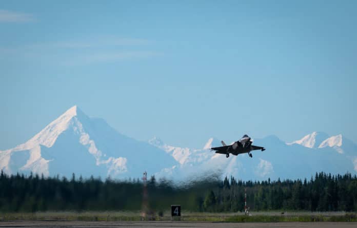 An F-35A Lightning II assigned to the 355th Fighter Squadron (FS) takes off from Eielson Air Force Base, Alaska.