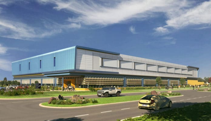 Architectural rendering of the completed first phase of GM’s Wallace Battery Cell Innovation Center.
