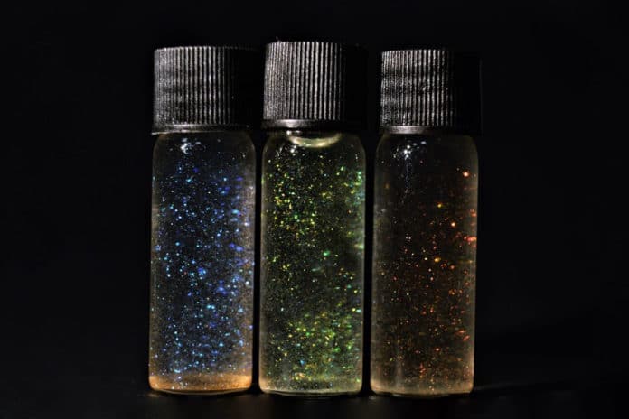 Cellulose nanocrystal glitter dispersed in different solvents.