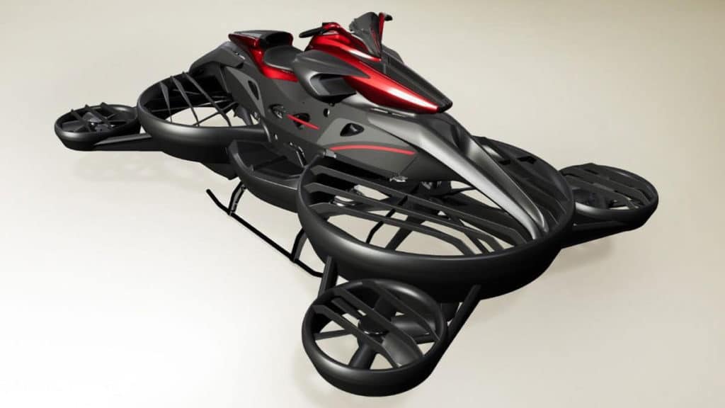 The hoverbike consists of a motorcycle-like body on top of propellers.