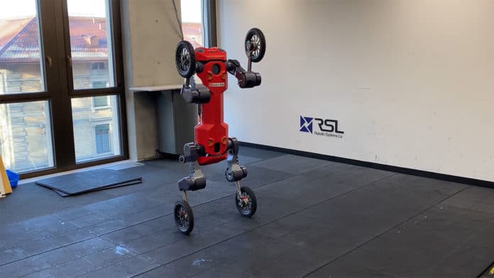 Wheeled-legged ANYmal robot can stand up and balance on its rear wheels.