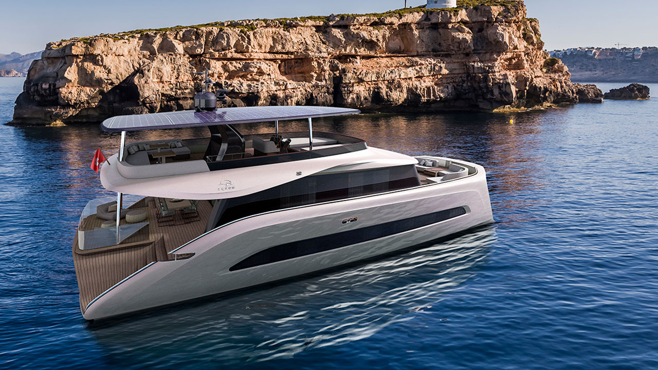 Meet AQUON ONE, a smart and solar catamaran yacht powered by fuel cells.