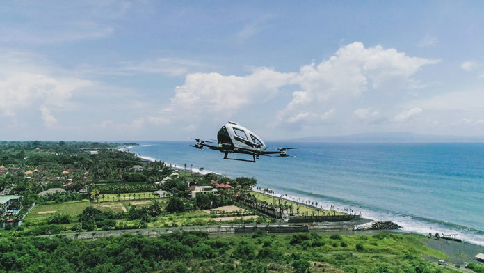 The EHang 216 conducts a flight demo in Bali, Indonesia.