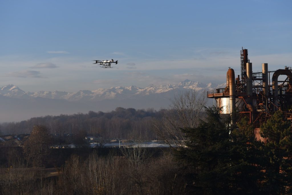 Delivery packages were transported by 2 heavy lift drones over the Stura di Lanzo river.  