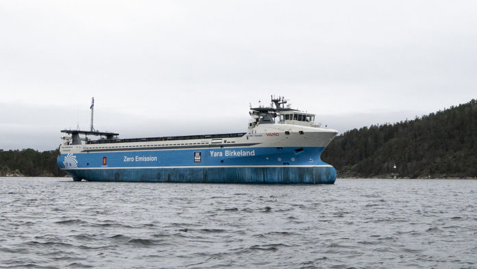 The Yara Birkeland, the world’s first fully electric and autonomous container ship.