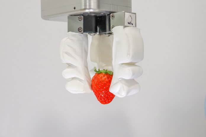 The hybrid robotic gripper can be reconfigured on demand to pick and place a wide range of delicate food items.
