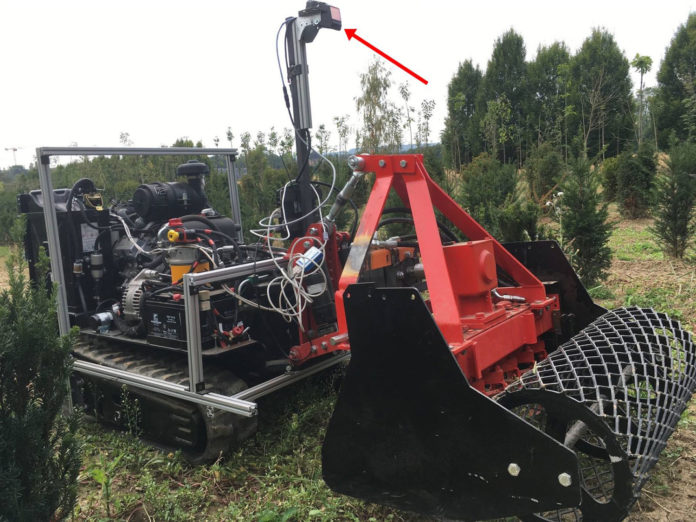 The LiDAR scanner (red arrow) installed in AMU-Bot continuously emits laser pulses as the vehicle moves