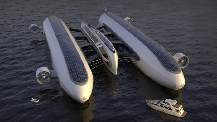 The particularity of the Sky Yacht is the possbility to land and ground or either in the water.