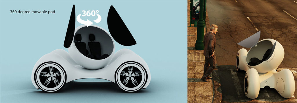 The pod-like vehicle has a circular entrance that flings opens and can fit two passengers.