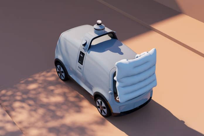 Nuro's next-gen autonomous delivery vehicle includes external pedestrian airbag.