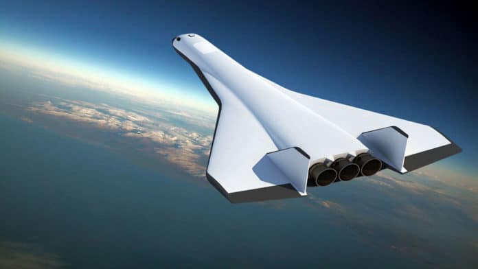 An artist’s rendering of Radian Aerospace’s fully reusable horizontal takeoff and landing, single-stage to orbit spaceplane flying over Earth.