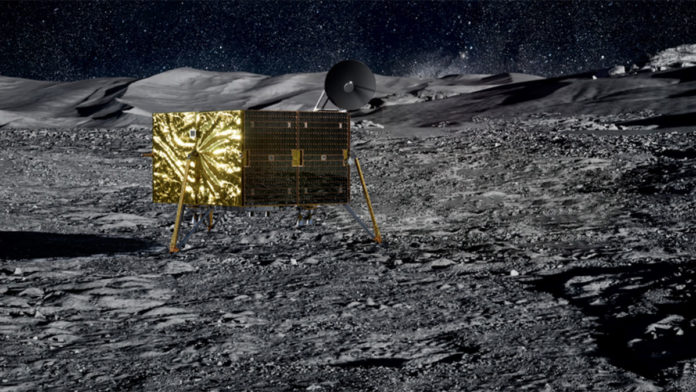 The Xelene lunar lander on the Moon.