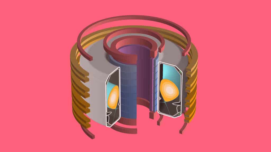 3D model of the TCV vacuum vessel containing the plasma, surrounded by various magnetic coils to keep the plasma in place and to affect its shape.